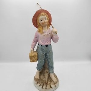 Vintage Norleans Ceramic Bisque Figurine Girl Going Fishing
